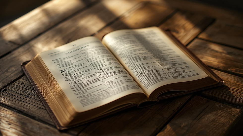 Open book on a wooden table, sunlight casting shadows. Visible text includes "Colossians." Warm, serene atmosphere.