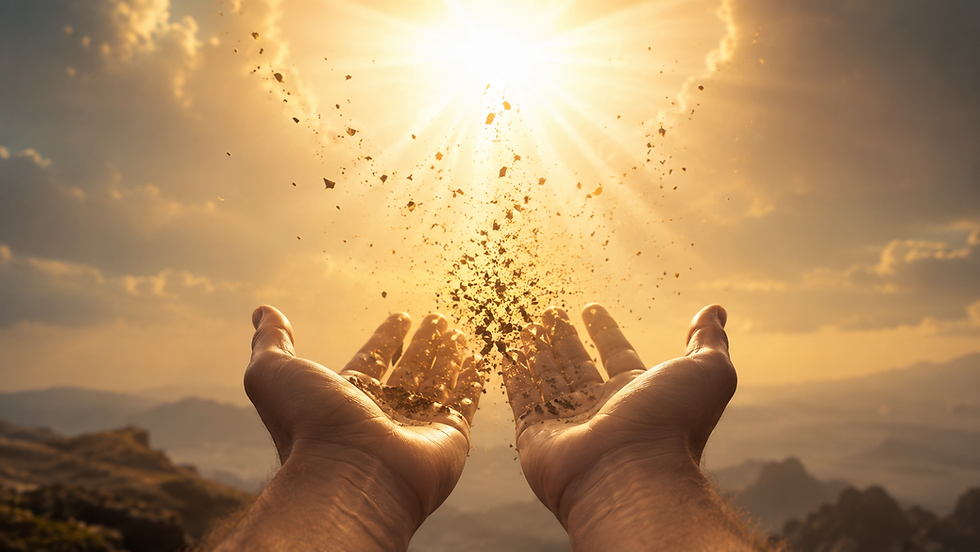 Hands releasing sand toward a glowing sun, creating a mystical atmosphere. The background is a warm, cloudy sky over a mountain landscape.
