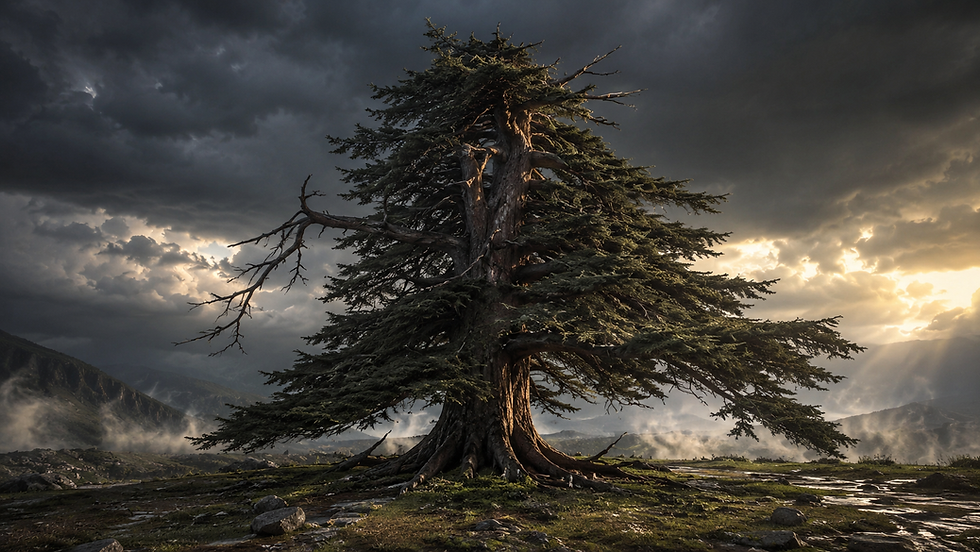 Ancient evergreen tree stands in a misty mountain plain under dark storm clouds and golden sunbeams.