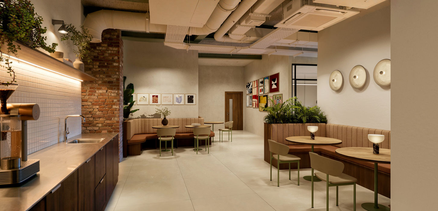 Workplace cafe and breakout area CGI at Pattern House, with banquette seating, round tables, a coffee counter, brickwork and planting.