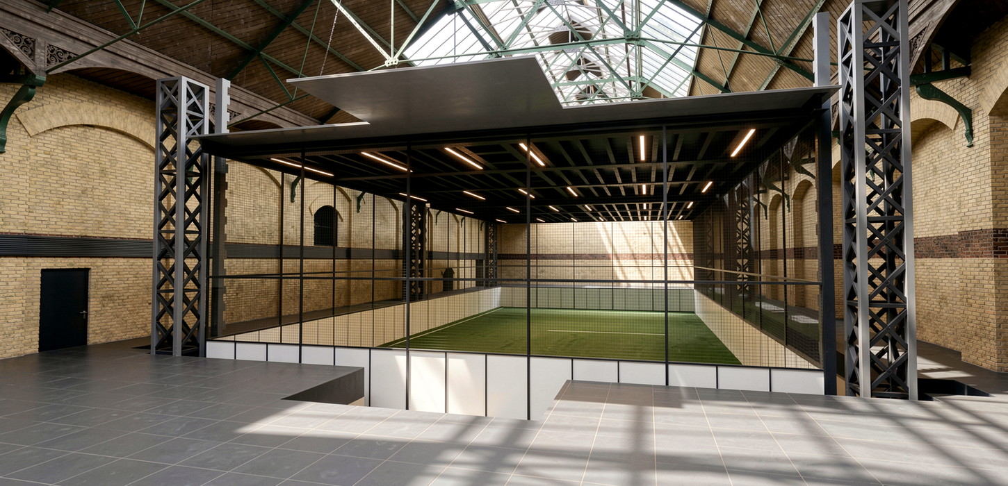 Cage Football

Architectural CGI visual of contemporary cage football installation inside adaptive reuse industrial hall at Manor Place.