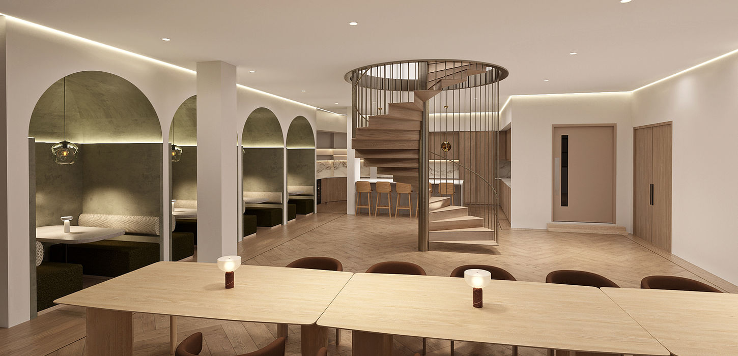 Workplace CGI of Innovo’s open social space, showing shared tables and seating booths, by Digital3DWorks.