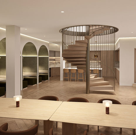 Workplace CGI of Innovo’s open social space, showing shared tables and seating booths, by Digital3DWorks.