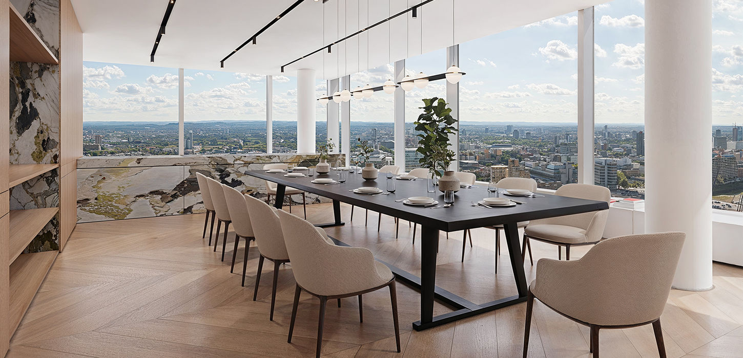 Luxury dining room interior CGI by Digital3DWorks UK – photorealistic residential visualisation with marble details, skyline views and bespoke furniture.