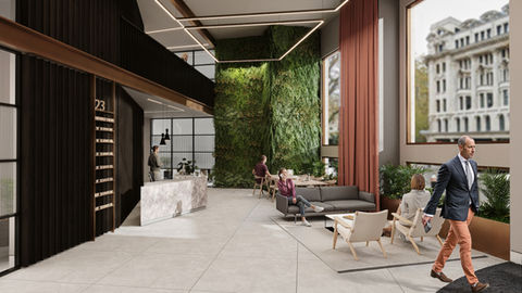 Interior CGI of double-height reception with green wall and contemporary seating at 23 Finsbury Circus – by Digital3dworks for GPDA