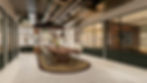 Collaborative workspace CGI at Pattern House, with a shared timber table, exposed ductwork, pendant lights and glazed meeting rooms.