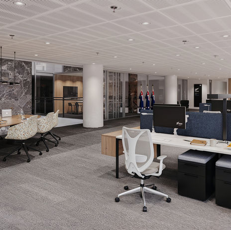 Commercial CGI of an open-plan office designed by AECOM and visualised by Digital3DWorks for workplace animation videos UK.