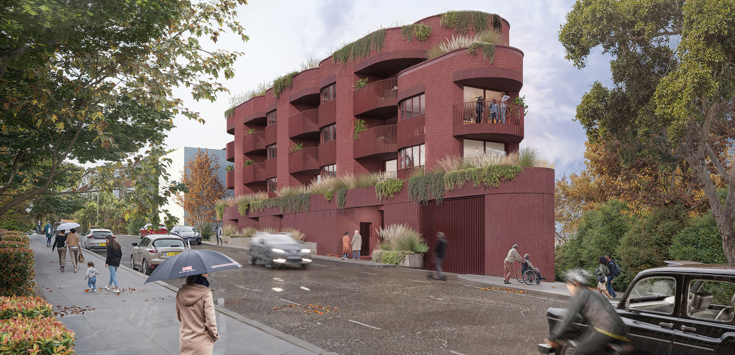 Architectural CGI visual of a residential building at Temple Fortune, London, with curved brick balconies and urban greenery on a rainy day – by Digital3dworks for GPAD