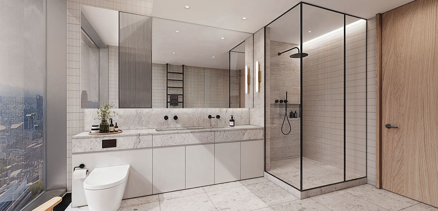 High-end bathroom CGI render by Digital3DWorks UK – luxury residential interior visualisation with stone vanity, glass shower and modern lighting.