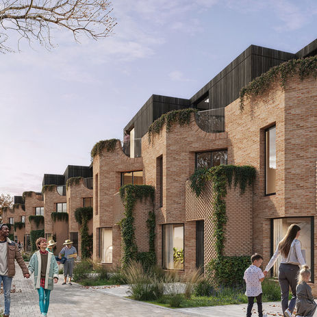 CGI of family-friendly brick townhouse development by GPAD at 36 Birchanger