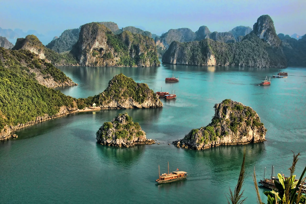 Ha Long Bay limestone islands and cruise boats in Vietnam