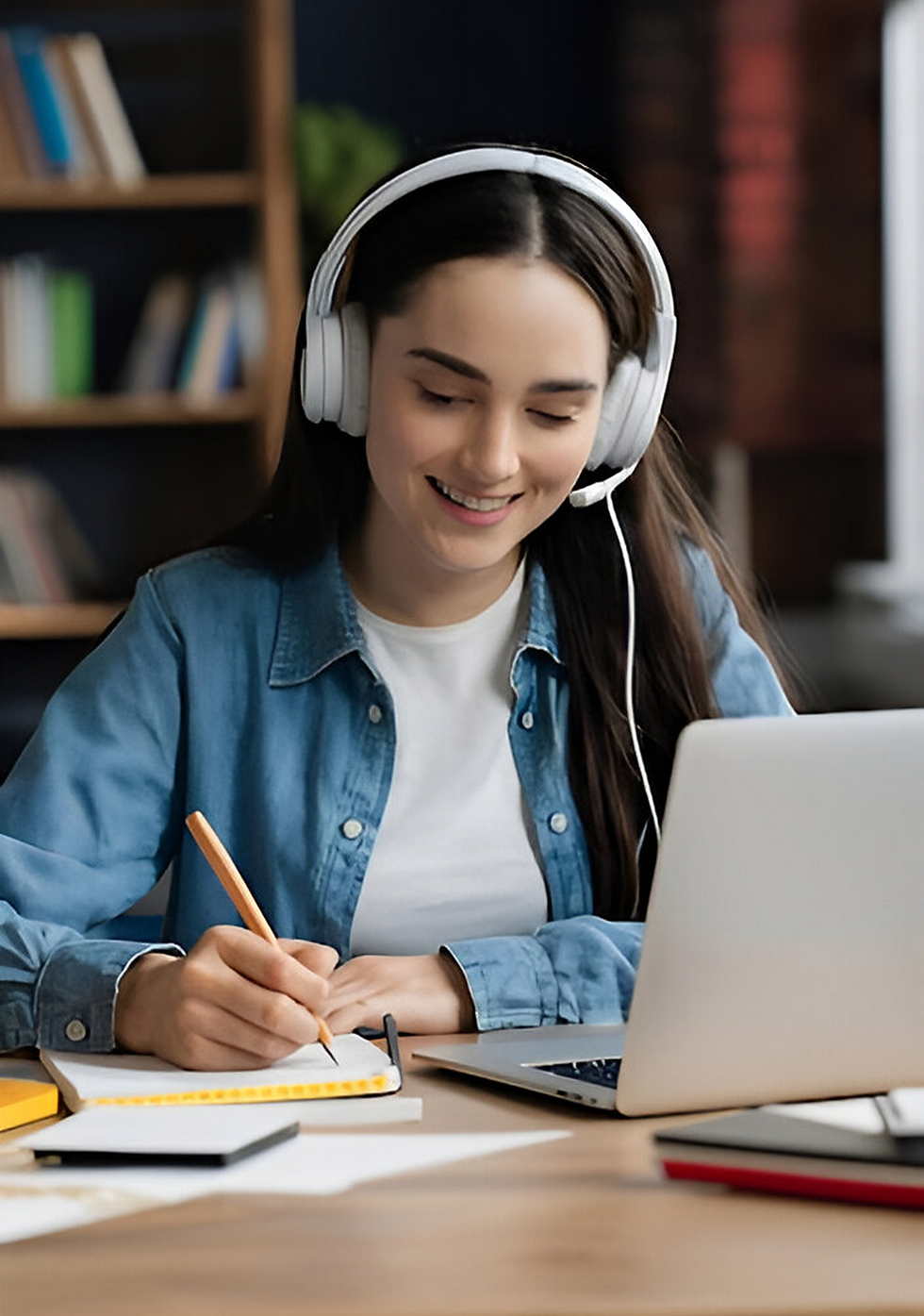 Smiling young woman with headphones and microphone studying or taking an online class with a laptop and notebook.