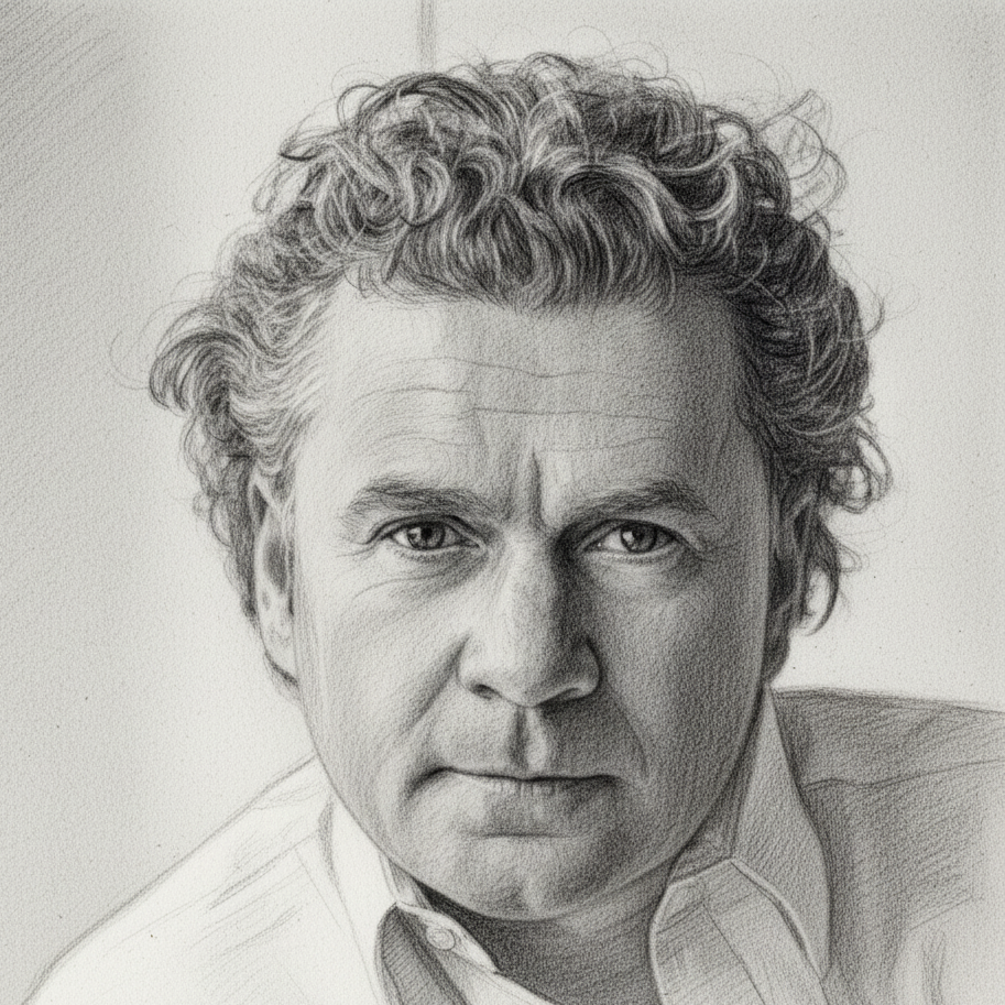 Sketch portrait of a founder who sold his business with Acquireship’s support