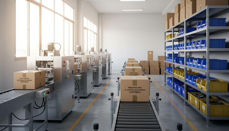 Wide-angle view of a production line with labelled cartons ready for dispatch