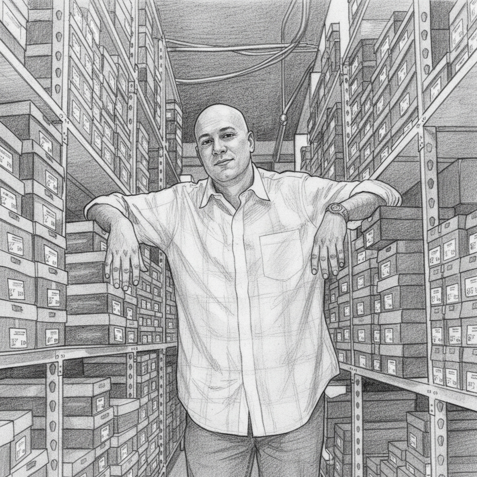 Business owner in a warehouse full of shoe boxes, running an inventory-based company ready for a sale