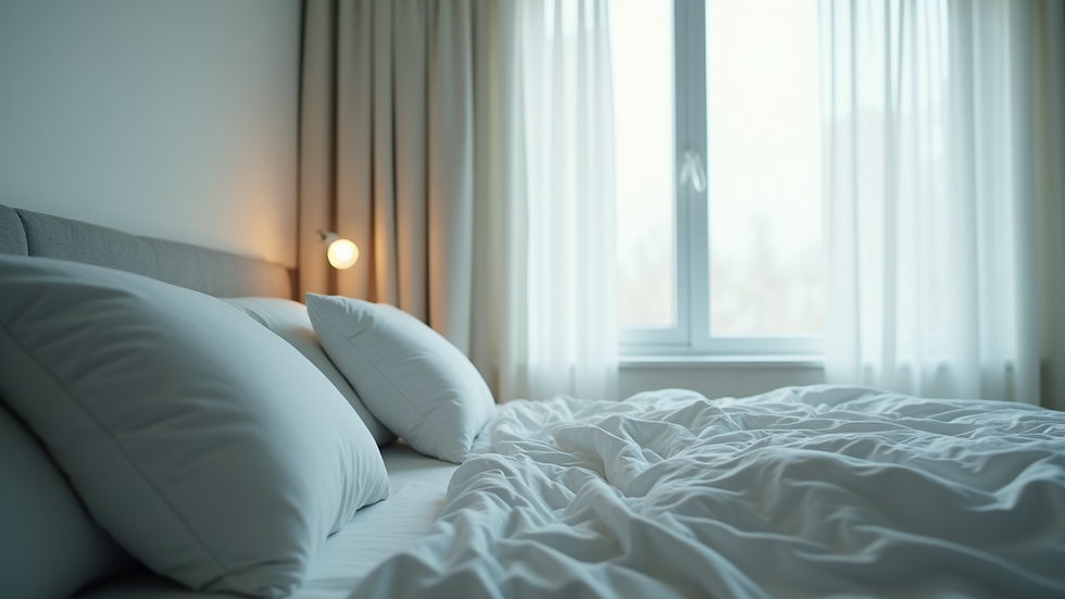Eye-level view of a serene bedroom with elevated pillows for post-surgery rest
