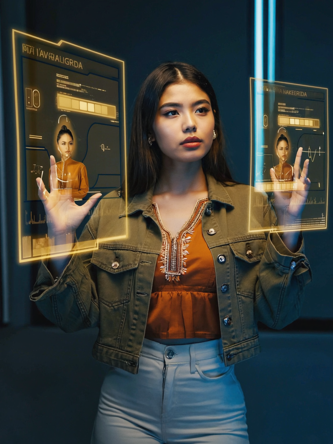 Gen4 A girl using AI tool to define her fashion, the AI version s-high-contrast-warm, a-2