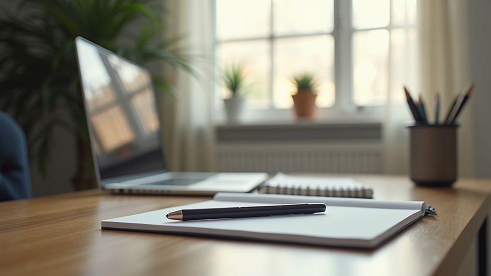 Vue en plongée d'un bureau minimaliste avec un ordinateur portable et un carnet de notes