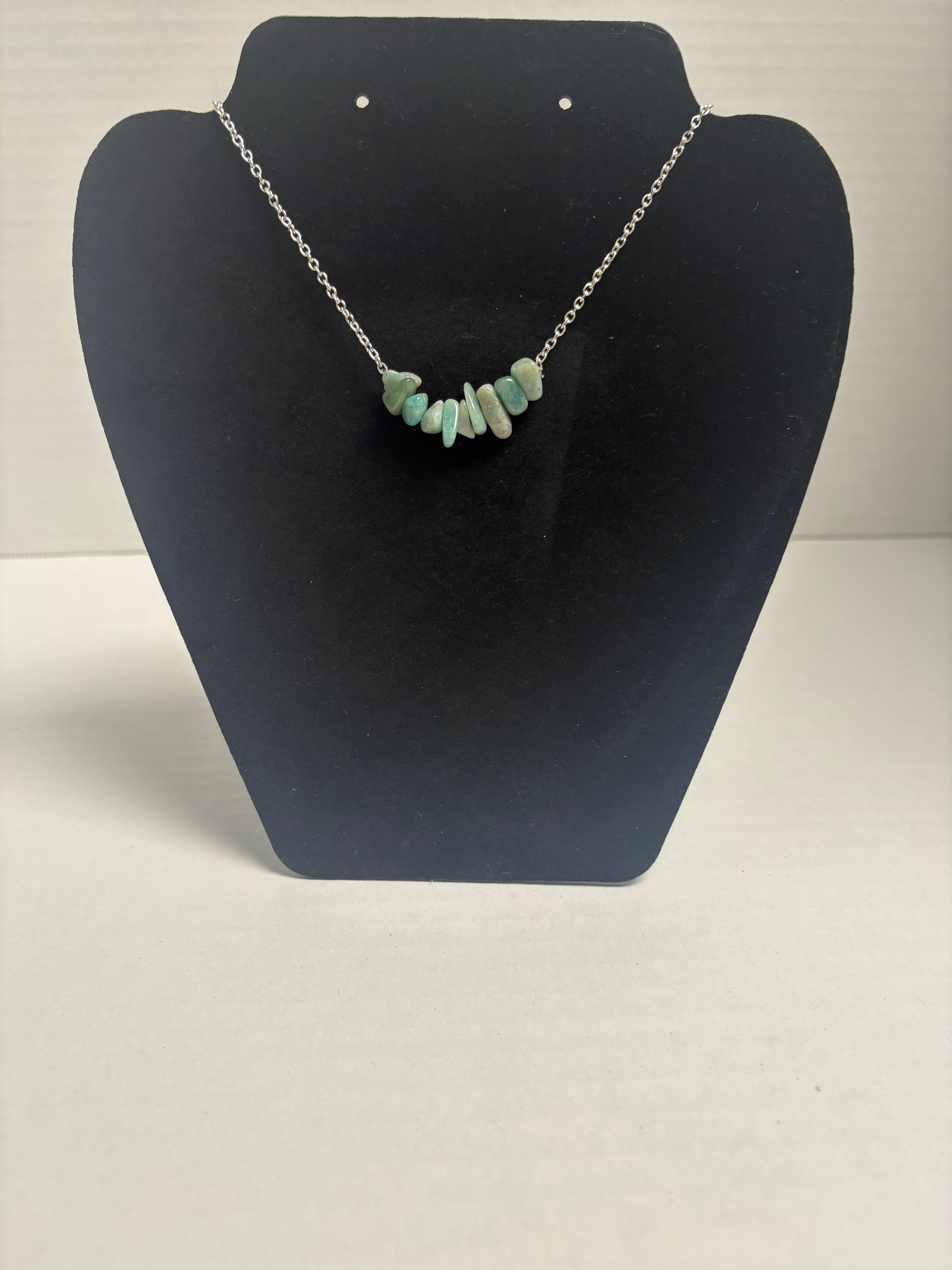 Silver Necklace with Light Green Rocks