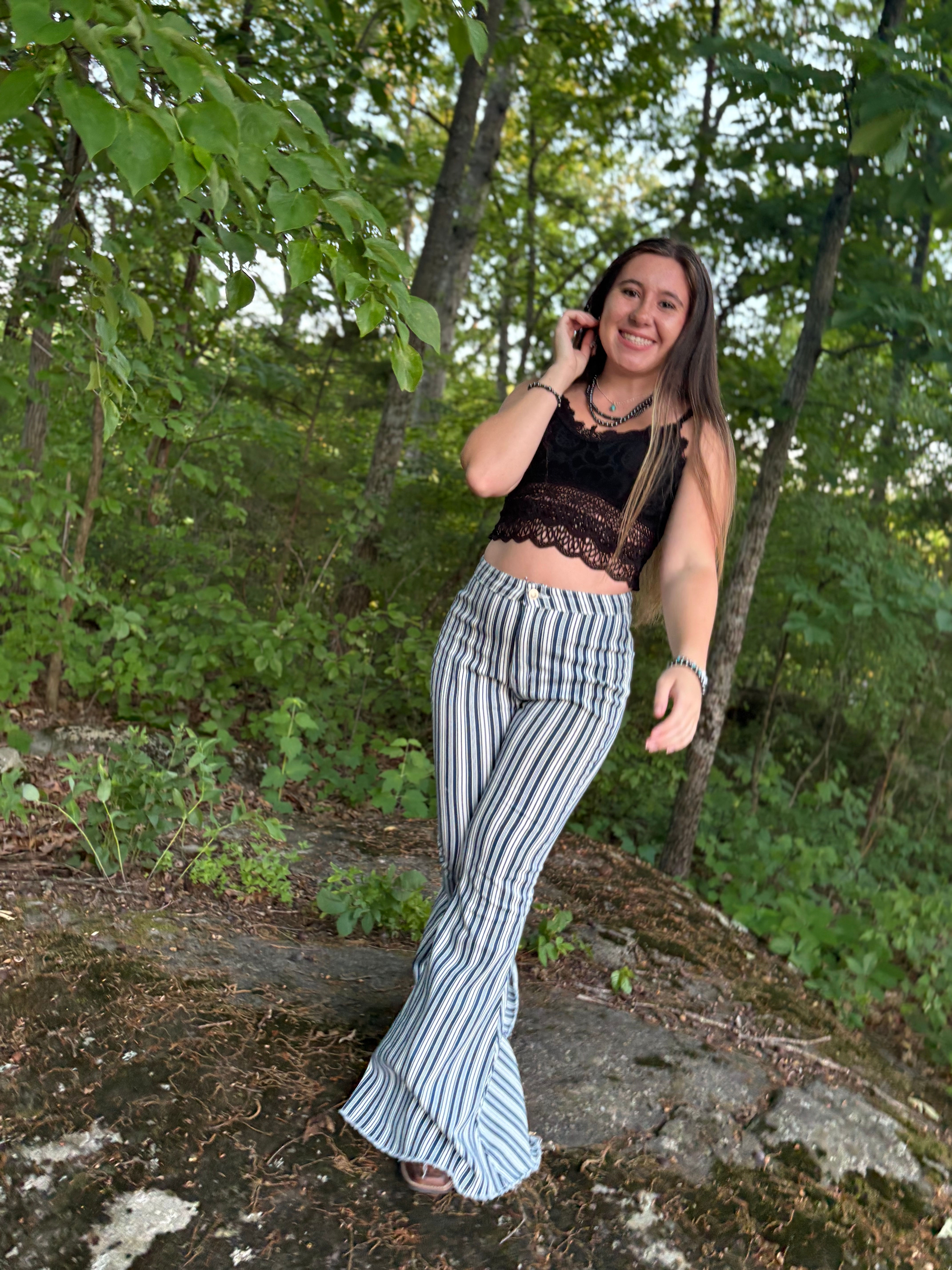 Coastal Cowgirl Blue Striped Bell Bottom Jeans