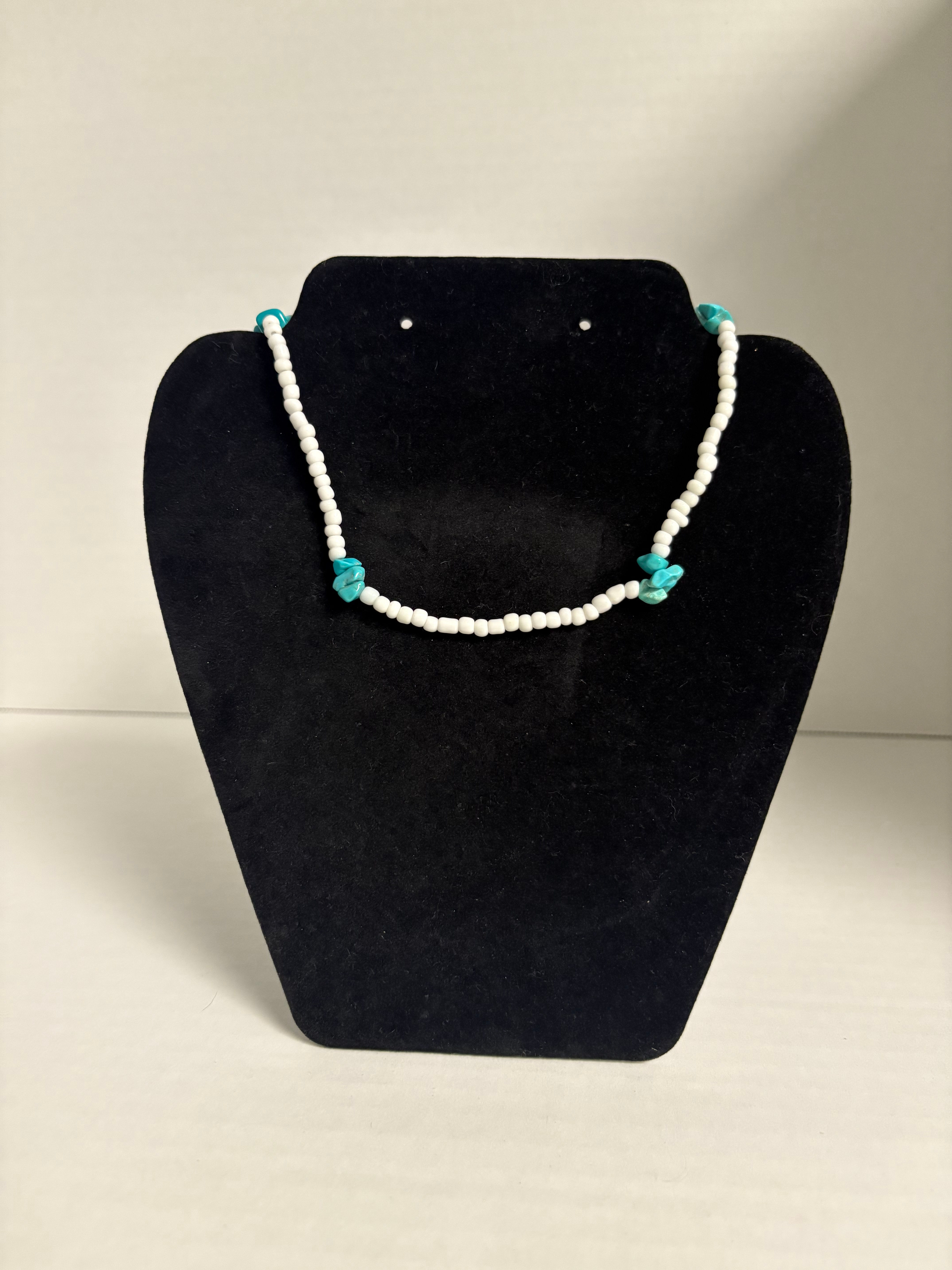 White Beaded with Turquoise Rocks Necklace 