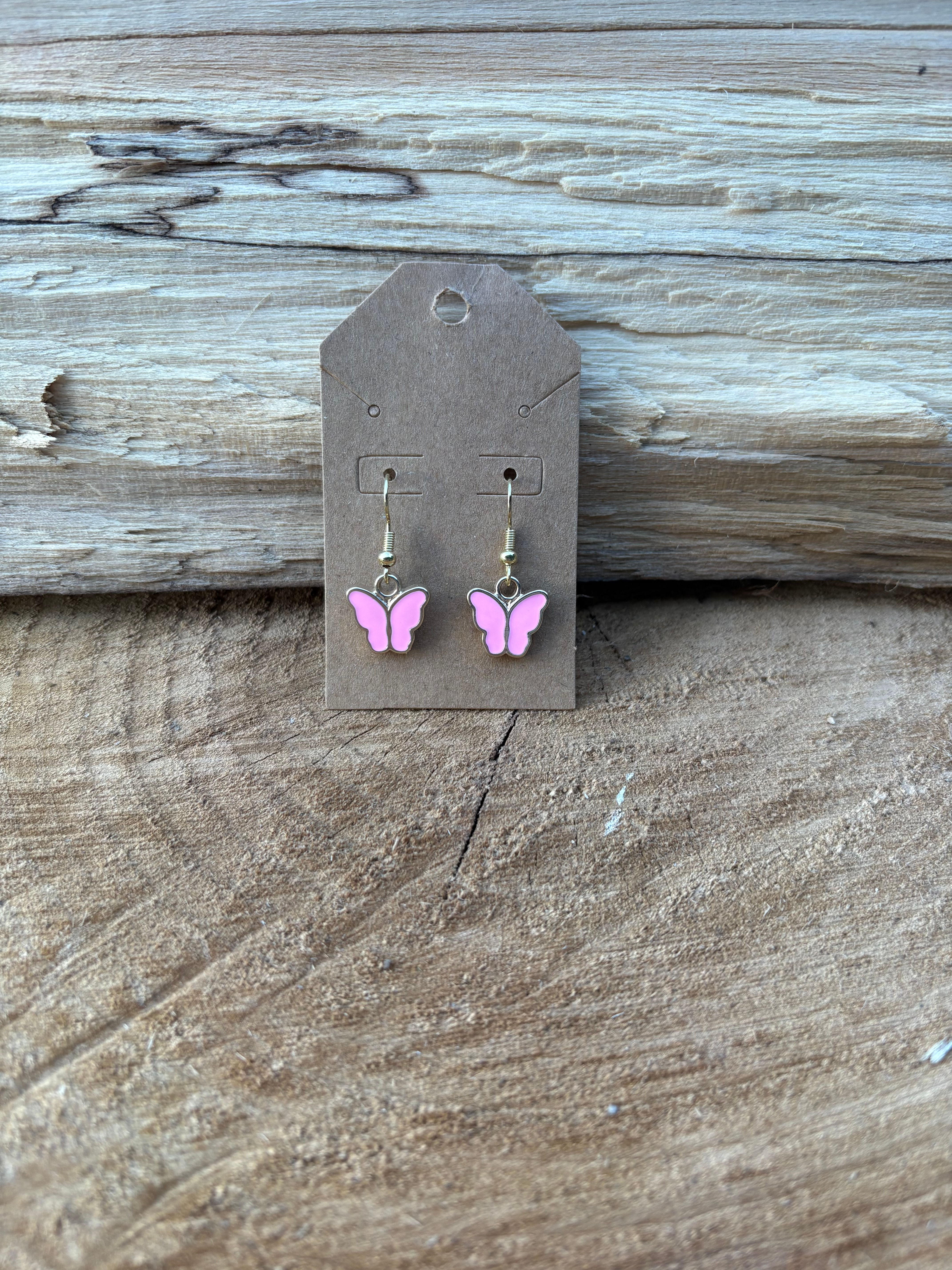 Gold Butterfly Earrings- Pink