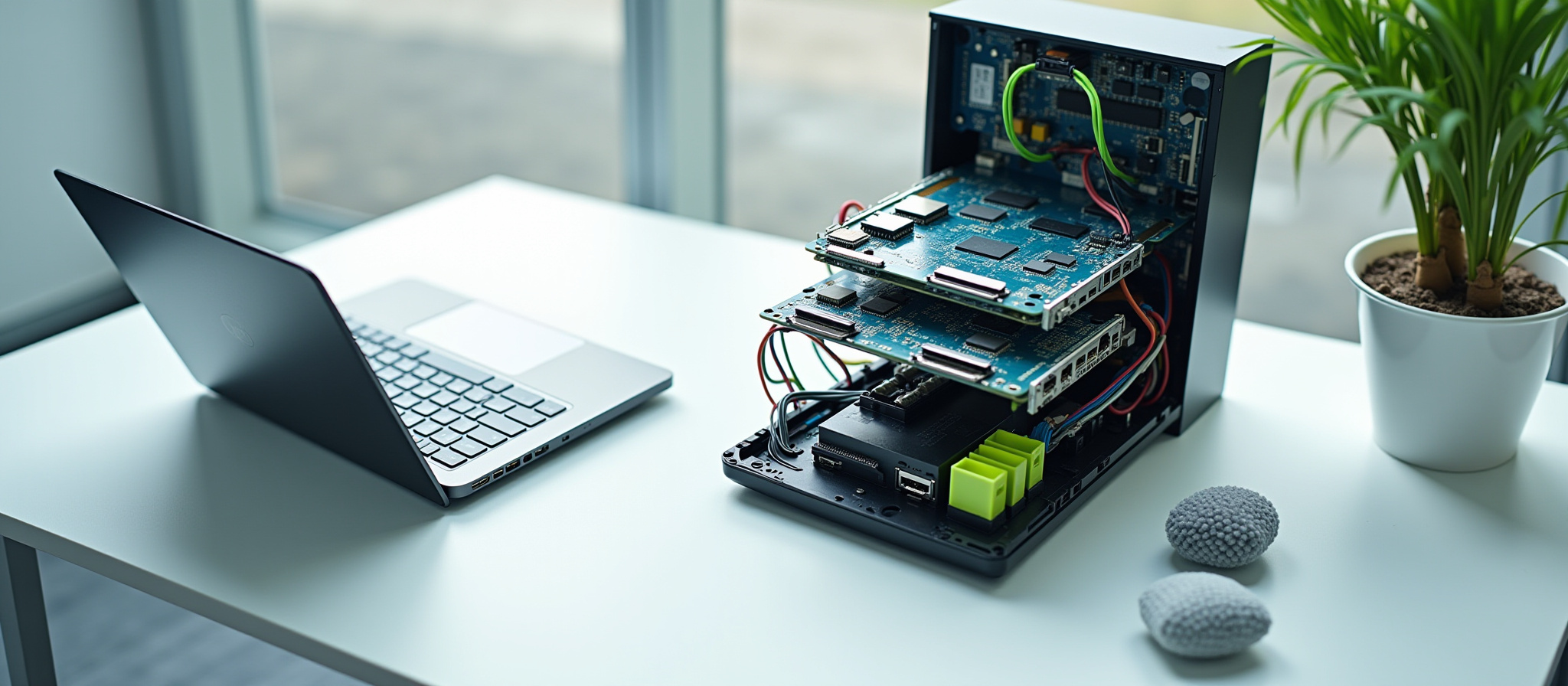 Laptop beside open PC case with circuit boards