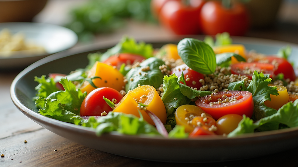 Close-up view of a colorful salad with fresh vegetables