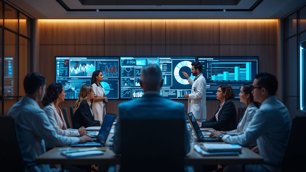 a team of administrators and clinicians reviewing dashboards together, or an infographic showing a hospital revenue cycle.