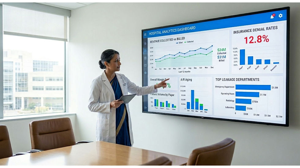 A hospital analytics dashboard showing real-time KPIs—revenue collected vs billed, insurance denial rates, top leakage departments—on a large monitor with a medical executive reviewing the data.