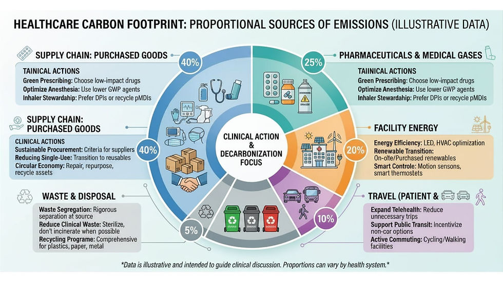 A wheel or pie chart illustrating the proportional sources of healthcare carbon emissions — energy, supply chain, travel, waste, and pharmaceuticals — adapted for a clinical audience.