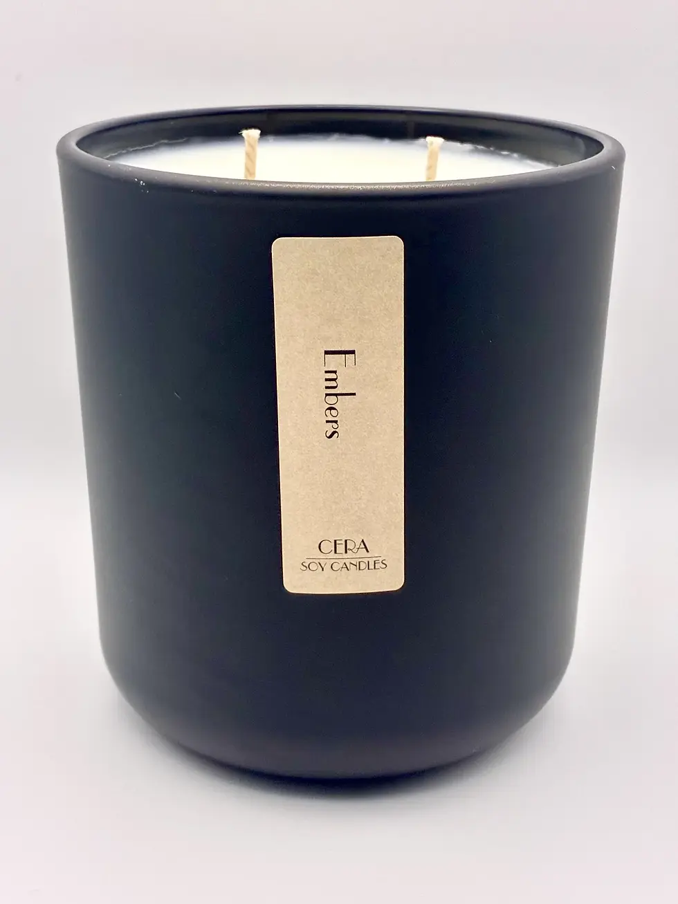 Embers handmade 15 oz two-wick soy candle in a matte black jar