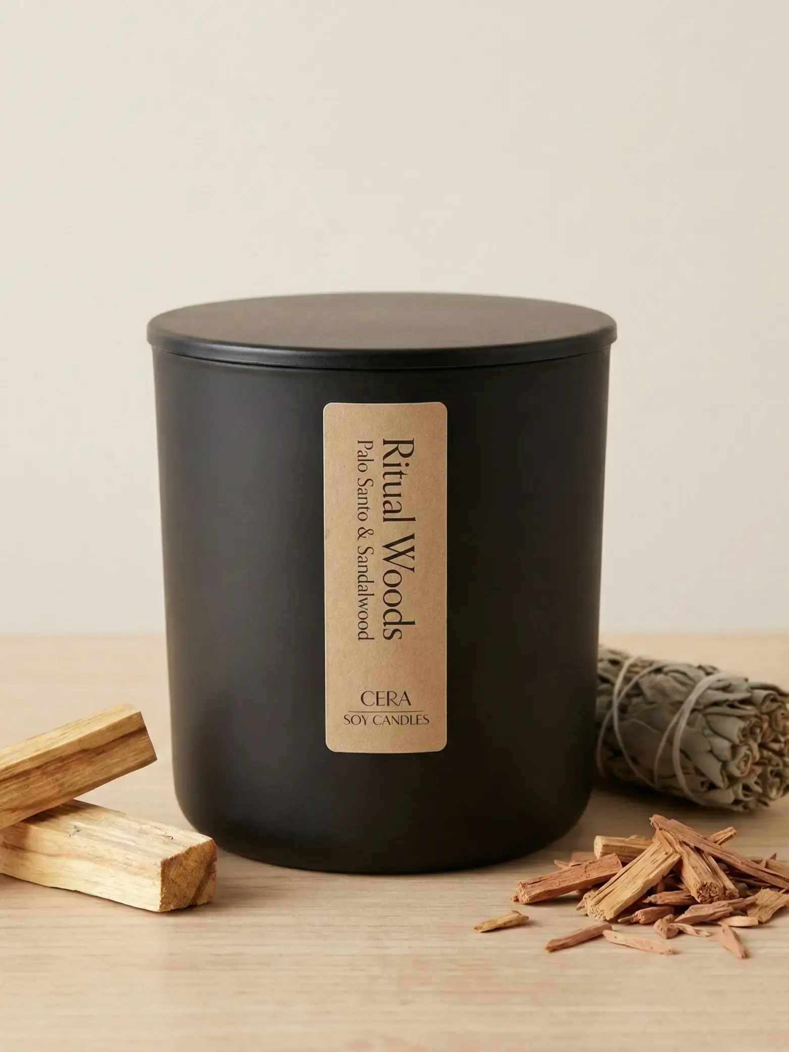 Ritual Woods soy candle in a black jar - Cera Soy Candles