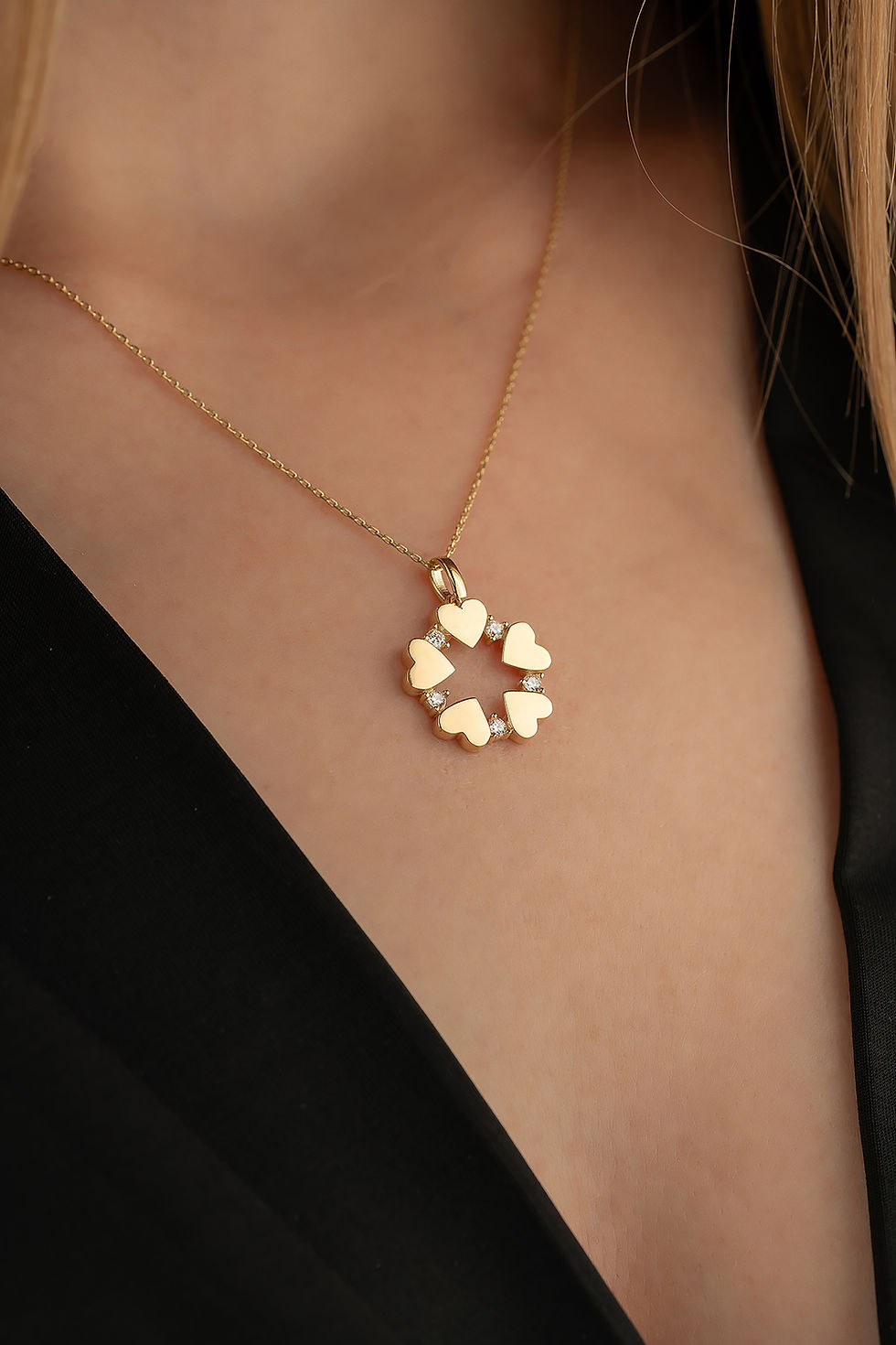 Thumbnail: 14K gold necklace with six heart-shaped elements and CZ accents in circular design – Qatris Jewelry