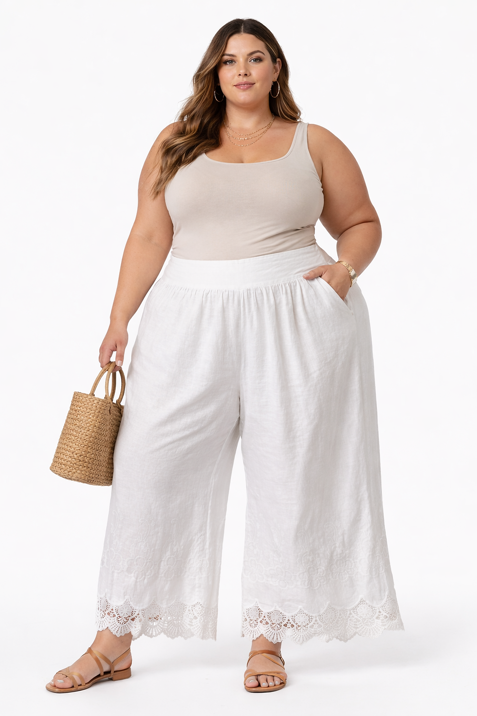 Miniaturbild: Pantalon ample à broderie anglaise fleurs