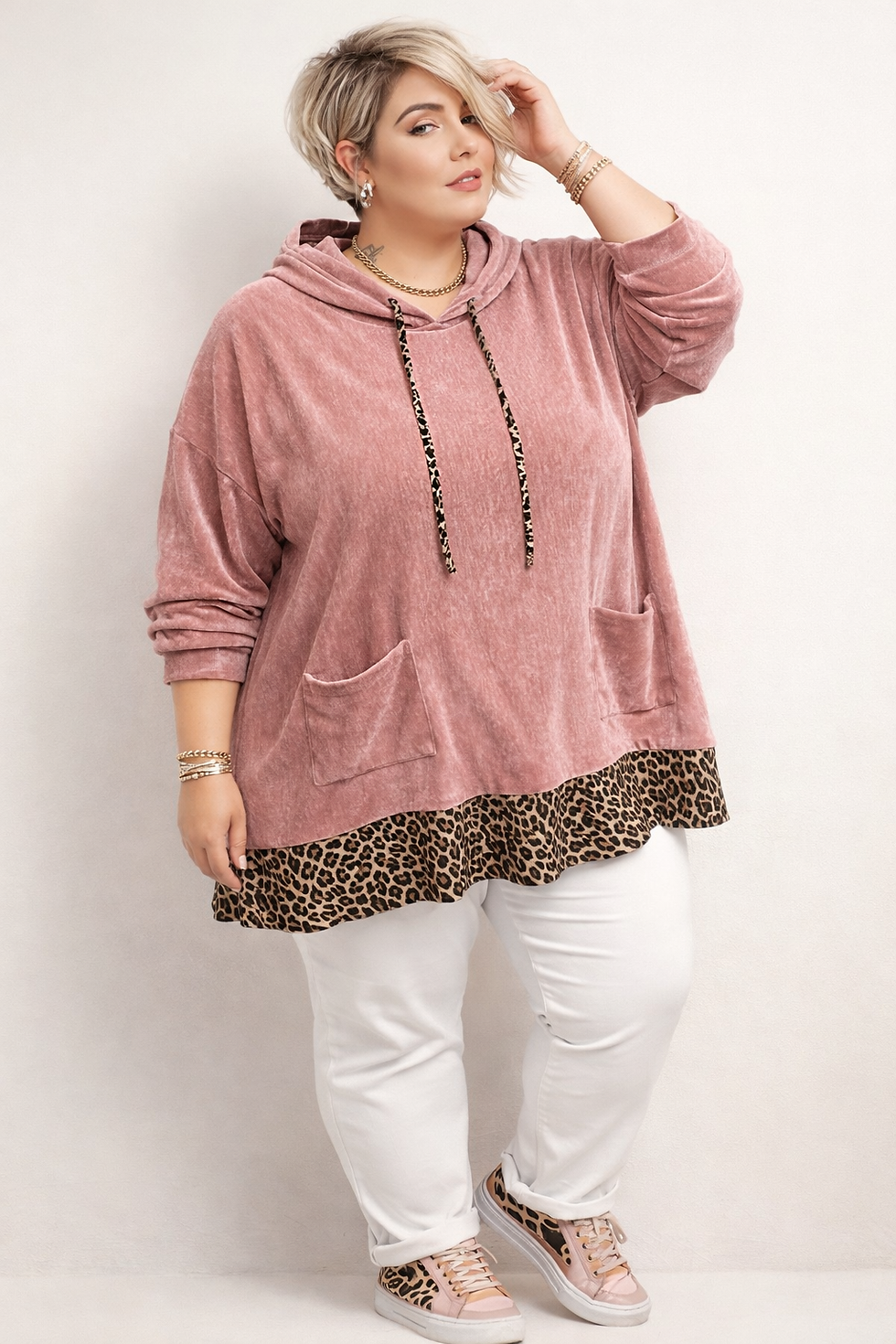 Miniatura: Sweat à capuche, velours et léopard