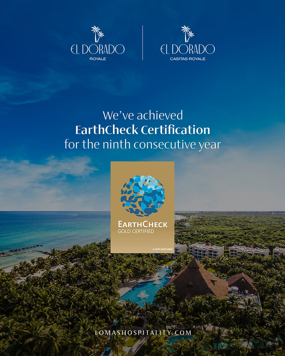 El Dorado Resorts' image announces their ninth consecutive EarthCheck Gold Certification, set against a tropical coastline.