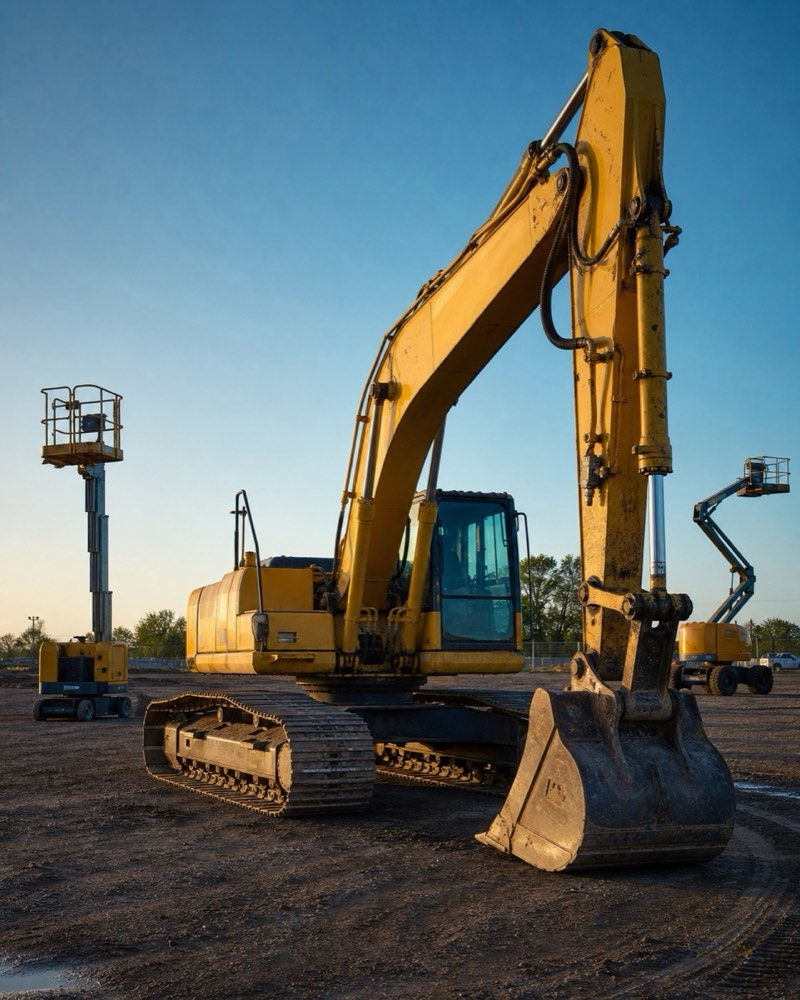 Excavator and heavy machinery parked in an equipment yard