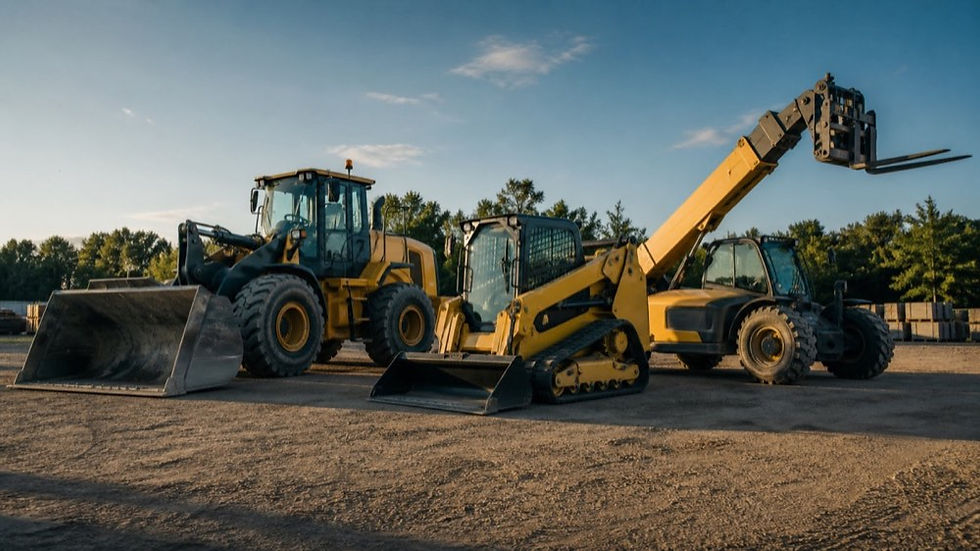 Wheel loaders and telehandler parked in a heavy equipment yard
