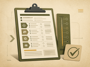 Illustration of a structured training checklist and evaluation standards gauge.