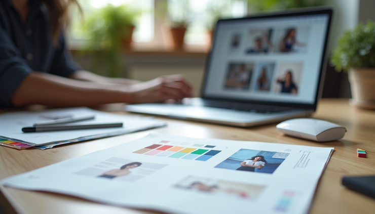 Close-up view of a designer’s workspace with sketches, color swatches, and a laptop showing portfolio layout