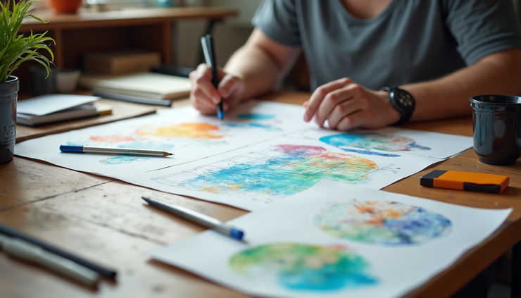 Eye-level view of a designer’s workspace with colorful sketches and prototypes spread out