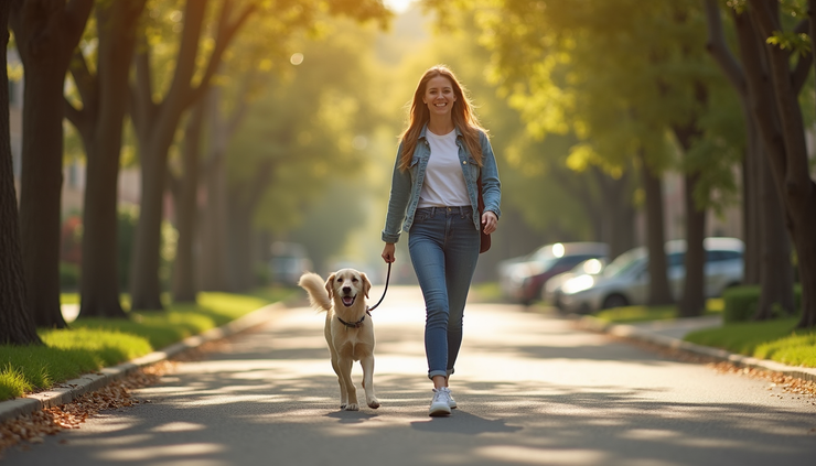 Close-up view of a dog walker leading a happy dog on a leafy Arvada neighborhood street