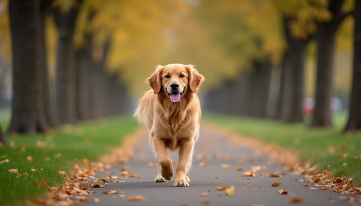 Eye-level view of a happy golden retriever walking on a tree-lined path in Arvada