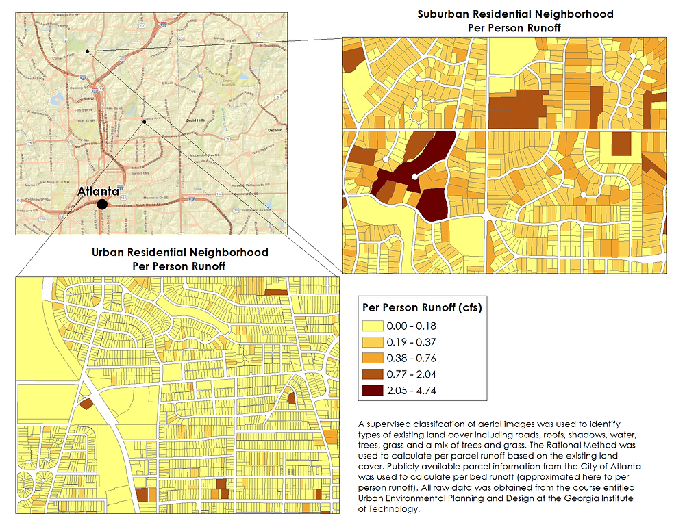 Three maps, one a vicinity map for the other two maps. The urban residential map has majority pale yellow parcels, indicating lower runoff rates whereas the suburban map shows more parcels in darker brown colors.
