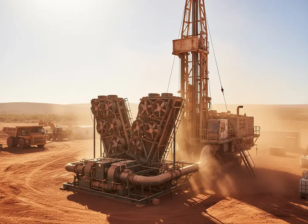 Drilling rig and heavy machinery in a dusty industrial site