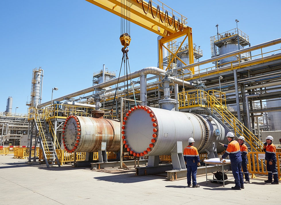 Workers in orange safety gear inspect large tanks at an industrial plant as a yellow crane hangs overhead under a clear blue sky