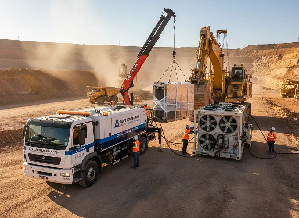 Albemarle crane lifting heat exchanger at mining site