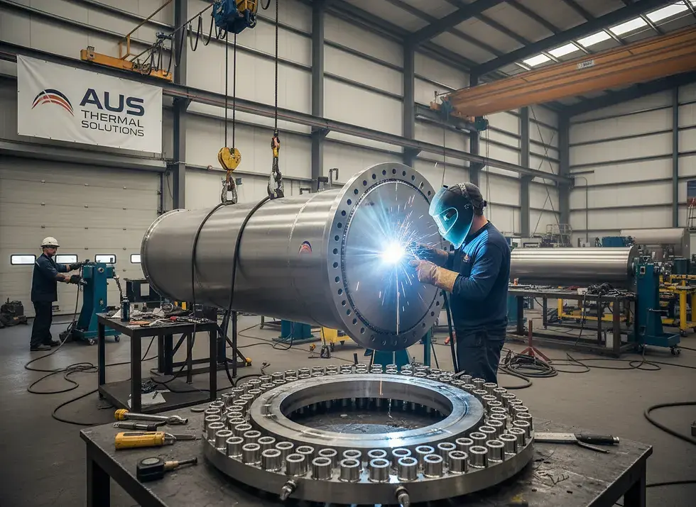 Industrial worker welding a heat exchanger