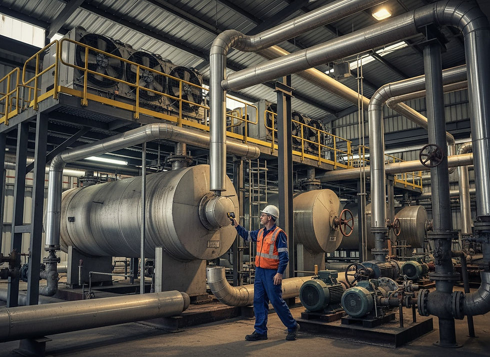 Worker in hard hat and orange vest inspects large industrial tanks and silver pipes inside a steel factory hall.